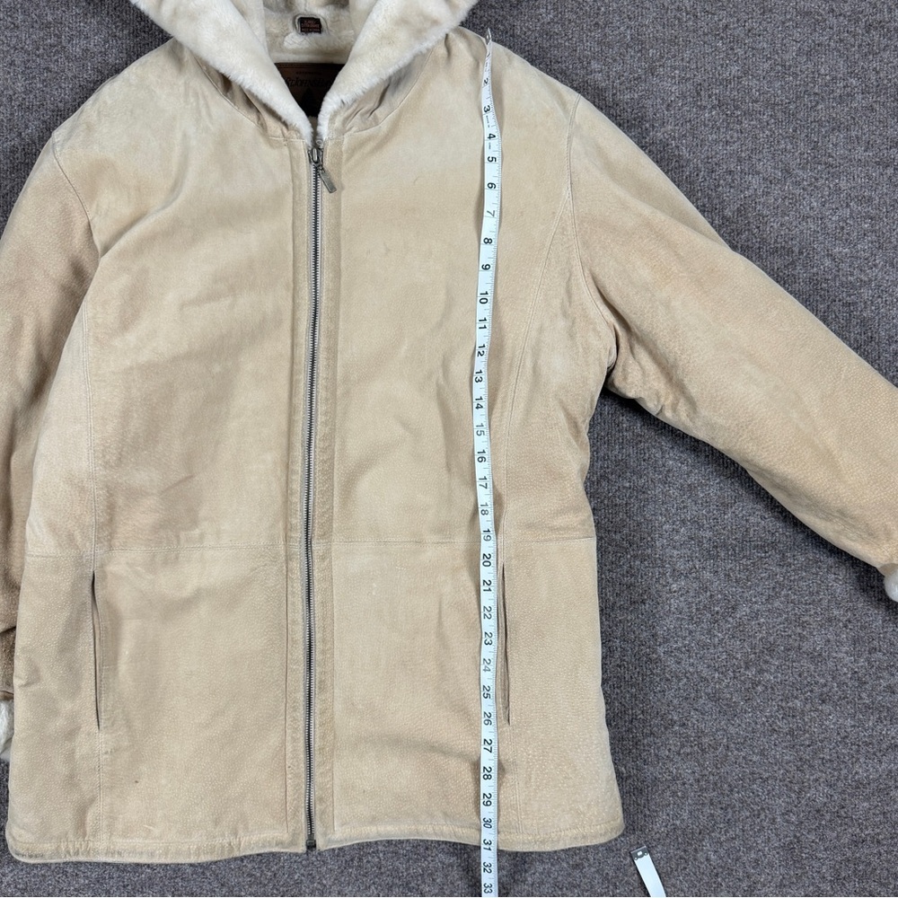 St John’s Bay Tan Suede Leather Parka Jacket Womens XL Full Zip Hooded Fur Lined - Picture 9 of 10
